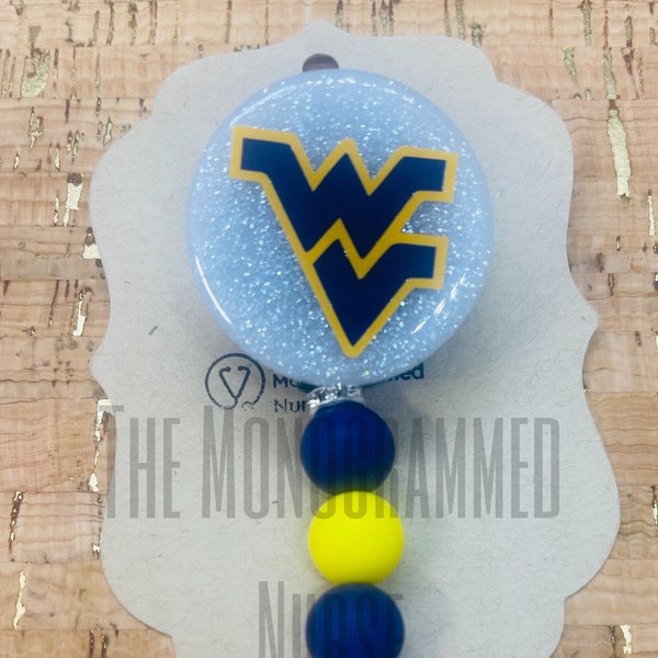West Virginia University badge reel with silicone beads and metal spacers