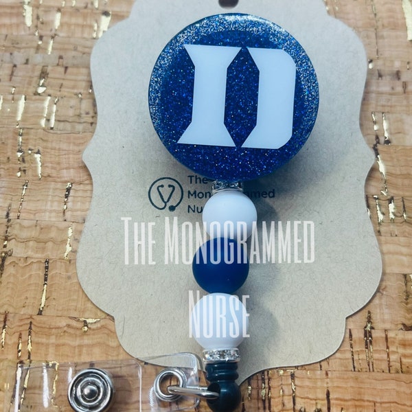 Duke University badge reel with silicone beads and metal spacers