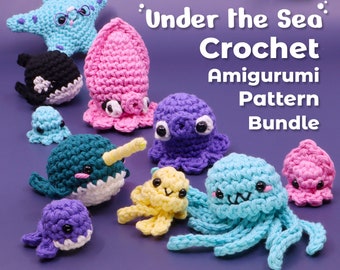 Op de afbeelding: Een pakket met haakpatronen voor amigurumi met verschillende zeedieren, waaronder een zeester, een octopus, een narwal en een kwal. De titel "Under the Sea Crochet Amigurumi Pattern Bundle" staat op de afbeelding.