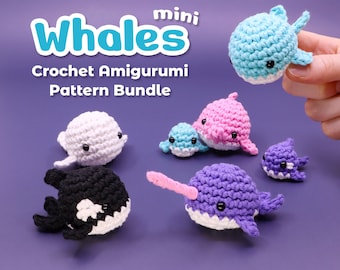Mini Whale Crochet Pattern Bundle – Amigurumi Dolphin, Orca, Narwhal (PDF & Video Tutorial)