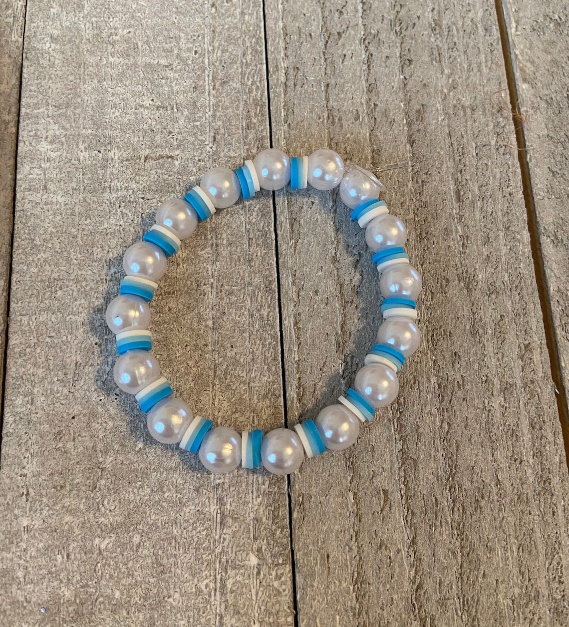 Blue Clay Bead and Pearl Bracelet | Etsy