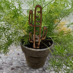 May include: A wooden cactus plant stake in a small, weathered pot with green foliage. The brown stake is cut in the shape of a cactus with a few details. The pot is sitting on a speckled surface.