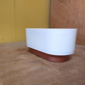 May include: White oval planter with a terracotta colored base. The planter is sitting on a wooden surface.