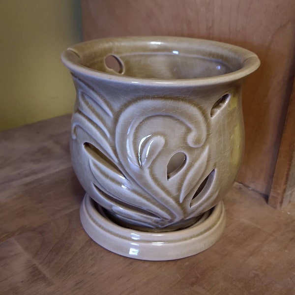 Glazed orchid pot with attached saucer 5 1/2", New Golden Tan Brown