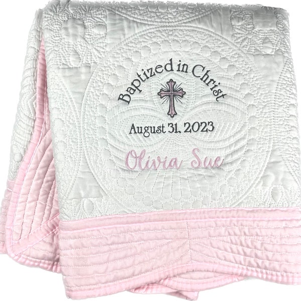 Baptismal / Christening Heirloom Quilted Blanket, Personalized name on bottom, date & cross, super soft, beautiful memory keepsake, 5 colors