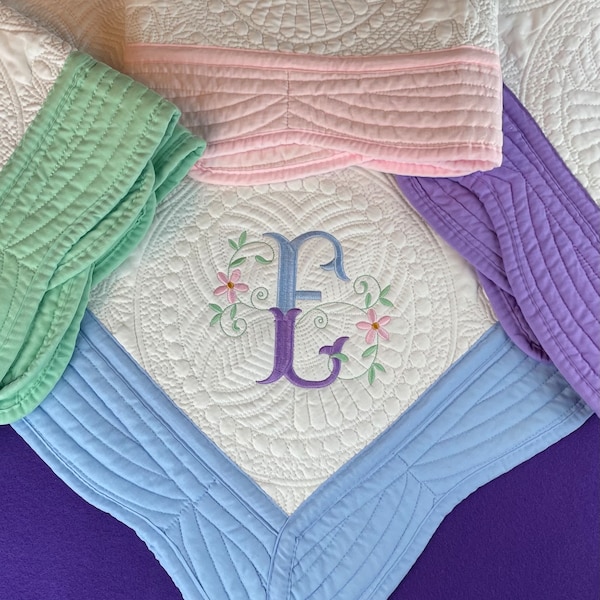 Custom Embroidered Heirloom Quilt - with flowers and monogrammed letter of your choice, super soft, unique gift for any occasion. All ages.