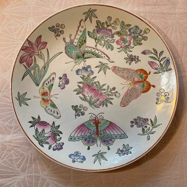 Vintage Famille Rose Ceramic Plate with Butterfly and Floral Motif