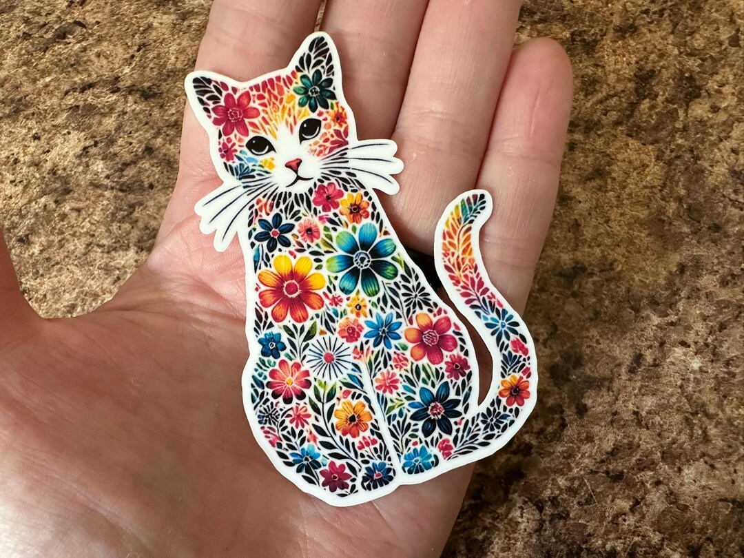 Floral Cat Vinyl Sticker: Waterproof Laptop Decal - Etsy