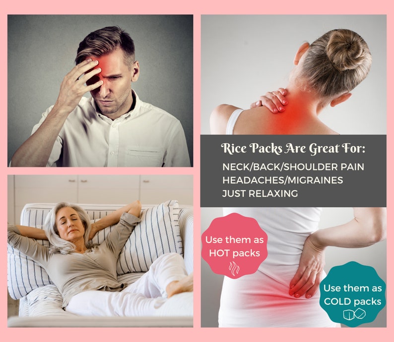 May include: Image promoting rice packs for pain relief. The image shows people experiencing neck, back, and shoulder pain, headaches, and relaxation. Text indicates the packs can be used hot or cold.
