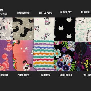 Op de afbeelding: Tien stofstalen met verschillende patronen, waaronder 101 Dalmati&euml;rs, Dackel, Kleine pups, Zwarte kat, Speelse kat, Cheshire, Trots pups, Regenboog, Neon schedel en Schurken.