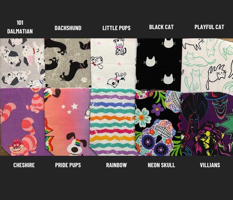 Op de afbeelding: Tien stofstalen met verschillende patronen, waaronder 101 Dalmati&euml;rs, Dackel, Kleine pups, Zwarte kat, Speelse kat, Cheshire, Trots pups, Regenboog, Neon schedel en Schurken.