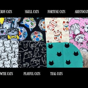 May include: A collection of fabric swatches featuring various cat-themed patterns. Designs include cats with glasses, skull-themed cats, lucky cat motifs, and Aristocats. Other patterns show cats with bowties, playful cat silhouettes, and teal fabric with black cat faces. The text "Nerdy Cats", "Skull Cats", "Fortune Cats", "Aristocats", "Bowtie Cats", "Playful Cats", and "Teal Cats" is displayed.