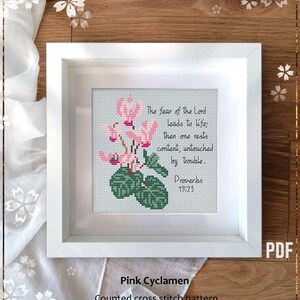 Pink Cyclamen cross stitch pattern, Bible Verse design Proverbs 19 (PDF)