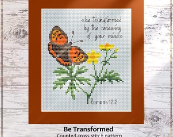 Be Transformed Cross Stitch Pattern, Copper Butterfly Design, Bible Verse Gift Card (PDF)