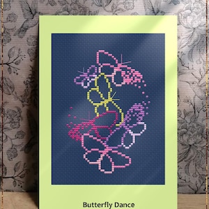 Padrão de ponto cruz de dança de borboleta para cartão de felicitações DIY, arte de parede de borboletas, presente de ponto minimalista, download digital em PDF