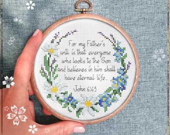 Daisy Wreath cross stitch pattern, Christian Quote design, Bible Verse Greeting Card Idea, Wall Decor, Instant Download PDF