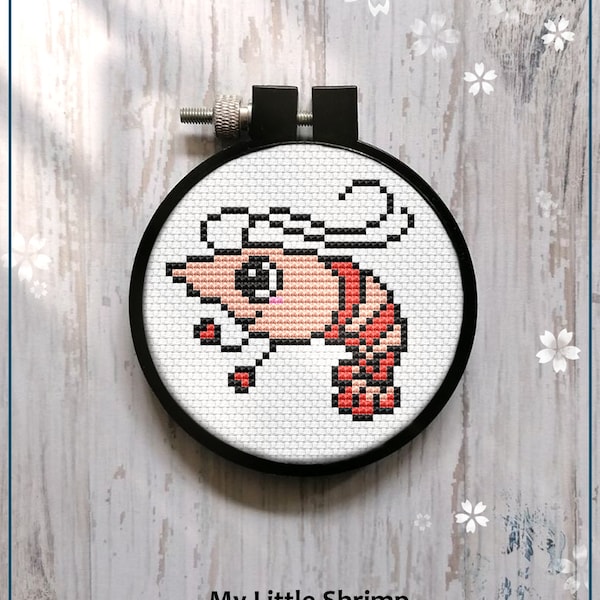 Cute Little Shrimp mini Cross Stitch pattern Gift for Kid easy adorable pink shellfish Ocean critter Instant Download