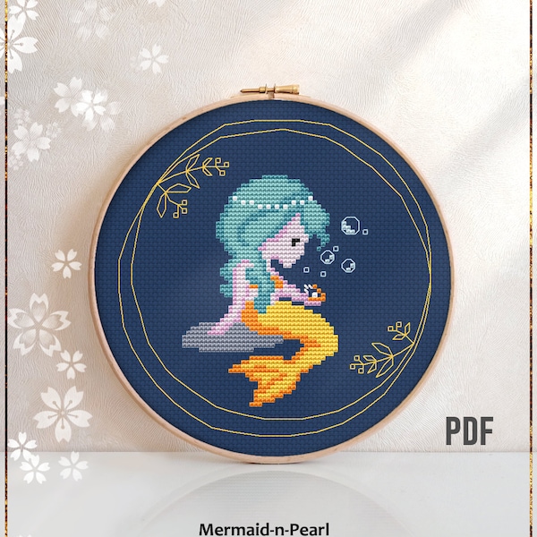 Little Mermaid with Pearl modern Cross Stitch Pattern Cute girl Seashell Pearl Sea Princess Nursery Wall Art PDF