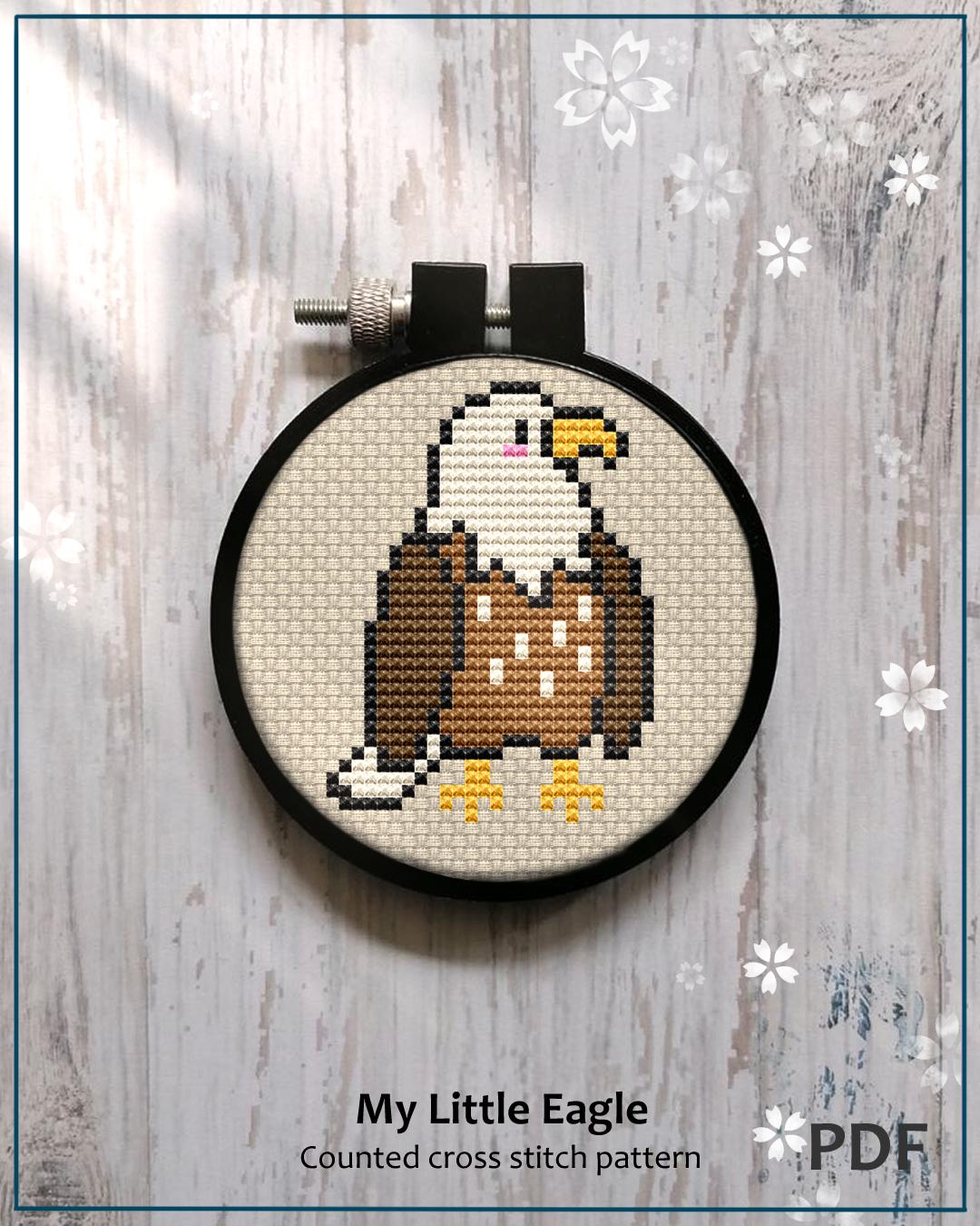 クロスステッチ　パターン8枚付き 小さな鷲のクロスステッチ図案、簡単なミニ白頭鷲、お子様への
