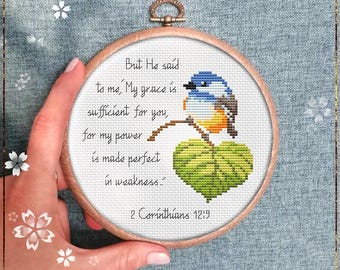Chickadee cross stitch pattern, Christian Quote design, Bible Verse Greeting Card Idea, Bird Wall Decor, Instant Download PDF
