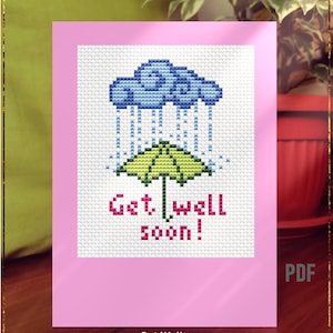 Patrón de punto de cruz "Que te mejores pronto", diseño de tarjeta de felicitación fácil de hacer, paraguas con nube lluviosa, tarjeta de punto con deseos, descarga instantánea en PDF