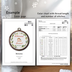 Pu&ograve; includere: Uno schema a punto croce per un cartello di benvenuto con un bambino. Lo schema include un bambino in una tutina blu con il nome Daniel e la data 08-15-24. Lo schema &egrave; largo 110 punti e alto 100 punti e utilizza 11 colori. Lo schema &egrave; disponibile per il download immediato.