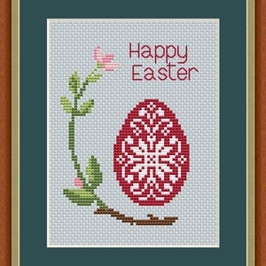 Vrolijk Pasen modern kruissteekpatroon DIY wenskaart bloeiende tak paasei kunst aan de muur Instant Download PDF