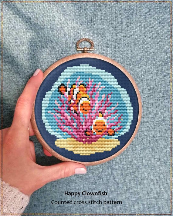 ★SALE★スムース天竺fishアイスクリーム＊パッチハンカチ＊19×14 Happy Clownfish Cross Stitch Pattern, Cute Animals Gift, Pink