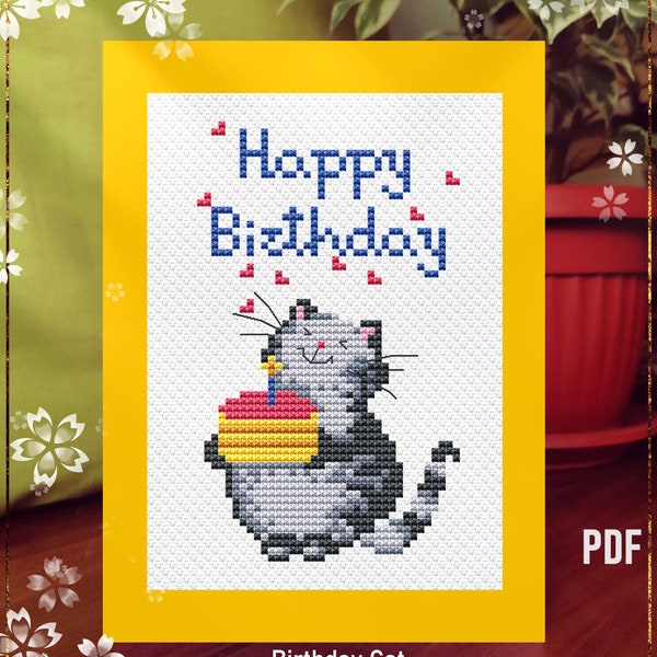 Birthday Cat Greeting Card simple cross-stitch pattern for DIY Cute Cat Cake with Candle Instant Download PDF