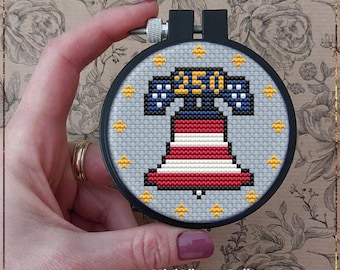 July 4 Liberty Bell Cross Stitch Pattern, Mini 250-year Celebration Patriotic Ornament (PDF)