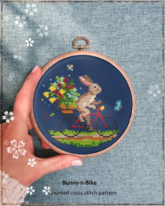 Cute Bunny on Bike Modern Cross Stitch Pattern Spring Easter