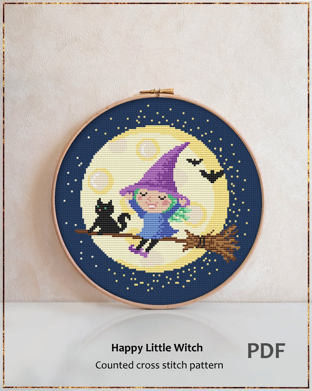 Happy Little Witch Modern Cross Stitch Pattern Halloween Cute Witch on