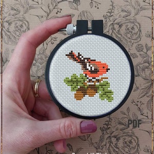 Puede incluir: Un patrón de punto de cruz contado de un pájaro cruzado rojo y naranja posado en una rama con hojas verdes. El patrón está en un aro de bordado negro y el texto "Crossbill Bird" y "Counted cross stitch pattern" está debajo del aro.