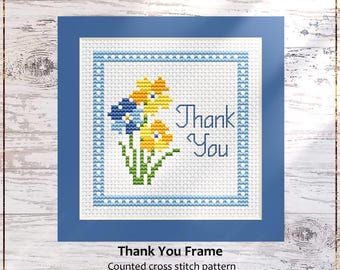 Thank You Cross Stitch Pattern, Frame with Flowers, DIY Gift Card (PDF)