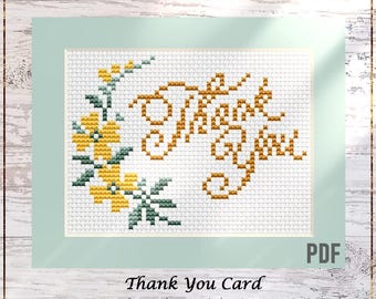 Thank You Card Cross Stitch Pattern, Yellow Flowers DIY Gift Card (PDF)
