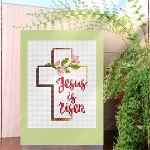 Gesù è risorto schema moderno per punto croce, citazione cristiana di Pasqua, biglietto di auguri fai da te, colomba della croce della resurrezione, download immediato