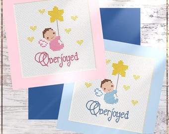 Overjoyed Cross Stitch Pattern, Baby Shower DIY Card Design (PDF)