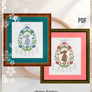 Semplice schema a punto croce per la buona Pasqua per biglietti di auguri fai da te, fiori, uova, coniglietti di Pasqua, download immediato in PDF