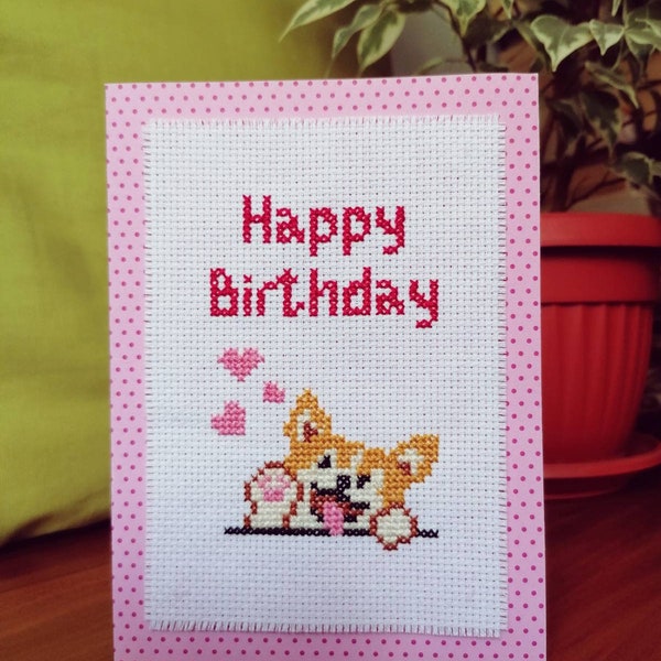 Happy Birthday Greeting Card simple cross-stitch pattern for DIY Cute Dog smiling Instant Download PDF
