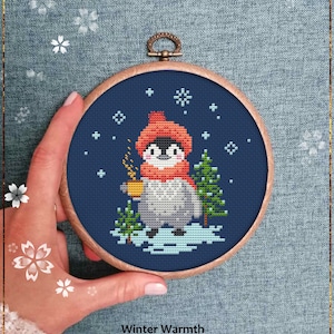 Winter Warmth Modern Cross Stitch Pattern Cute Penguin Tea Cup Snowflakes Christmas Trees Wall Art Instant Download PDF
