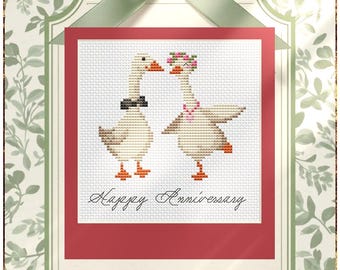 Wedding Anniversary Cross Stitch Pattern, Charming Geese DIY Gift Card Embroidery (PDF)