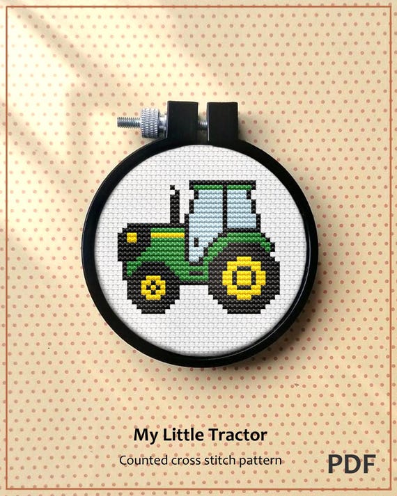Mini Tractor Cross Stitch Pattern, Beginner Kids Craft (PDF)