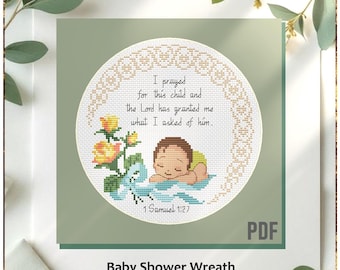 Baby Shower Wreath Cross-Stitch Pattern, Bible Verse Nursery Decor (PDF)