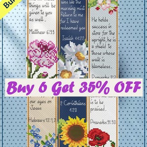 May include: A set of six bookmarks with floral and nature-themed designs. Each bookmark features a different flower and a bible verse. The bookmarks are printed on a white background with a blue border. The text on the bookmarks is in black. The bookmarks are arranged in a row, with the first bookmark on the left and the last bookmark on the right. The bookmarks are all the same size and shape. The bookmarks are perfect for adding a touch of faith and beauty to your books.