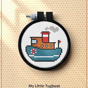 My Little Tugboat Cross Stitch pattern, Gift for Kid, Beginner Mini Cute Tugboat, Vehicle Wall Art, Instant Download PDF