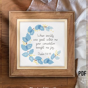 Blue Leaf Wreath cross stitch pattern, Bible Verse design Psalms 94 (PDF)