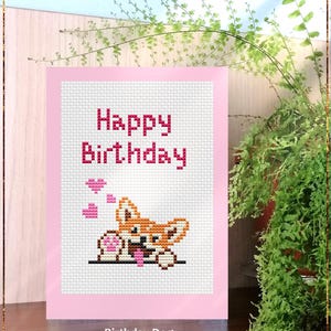 Happy Birthday Kreuzstich Stickmuster für Grußkarten, süße Corgis mit Herzen, handgemachtes Geschenk, Instant Download PDF