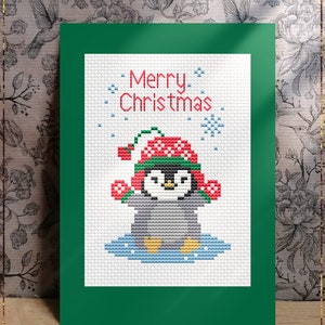 Vrolijk kerstfeest moderne kruissteek Leuke pinguïn in hoed Handschoenen Citaat Gepersonaliseerd cadeau DIY-wenskaart Direct downloaden
