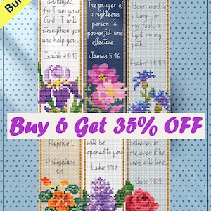 May include: A collection of cross-stitch bookmarks featuring floral designs and Bible verses. The bookmarks display various flowers in shades of purple, pink, blue, and red. The text "Buy 6 Get 35% OFF" is also visible.
