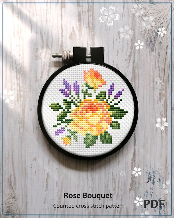 Rose Lavender Bouquet Cross Stitch Pattern, Mini Flowers Decor